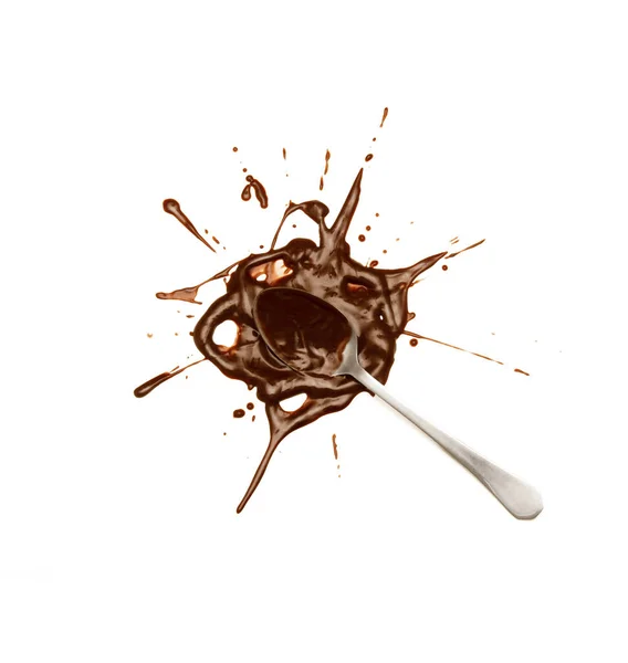 Tmavá Čokoláda Splash Lžička Bílém Pozadí — Stock fotografie