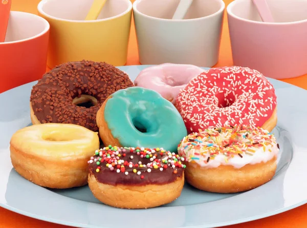 Variety Colorful Donuts Plate Party Table Background — Stock Photo, Image