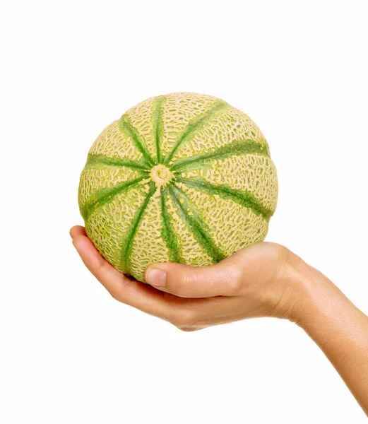 Vrouwelijke Han Houdt Een Verse Meloen Witte Achtergrond — Stockfoto