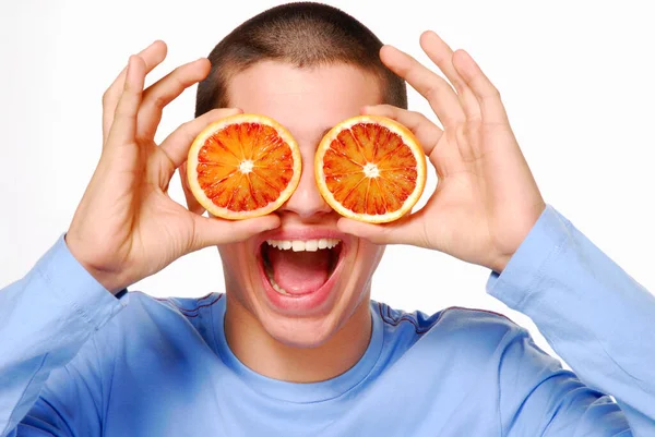 Grappig Kind Draagt Oranje Fruit Glazen Portret — Stockfoto