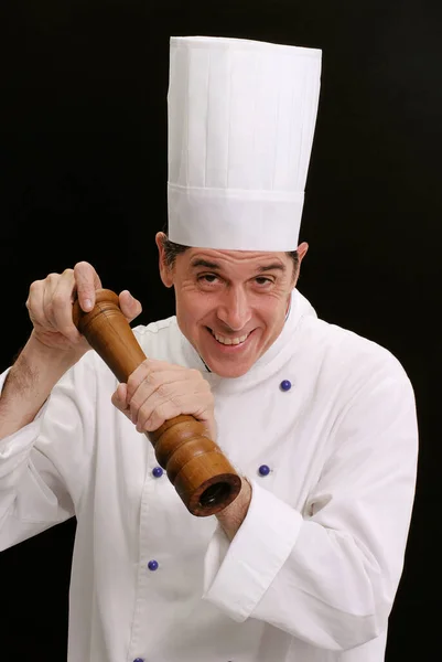 Chef Portrait Holding Pepper Pot Black Background — Stock Photo, Image