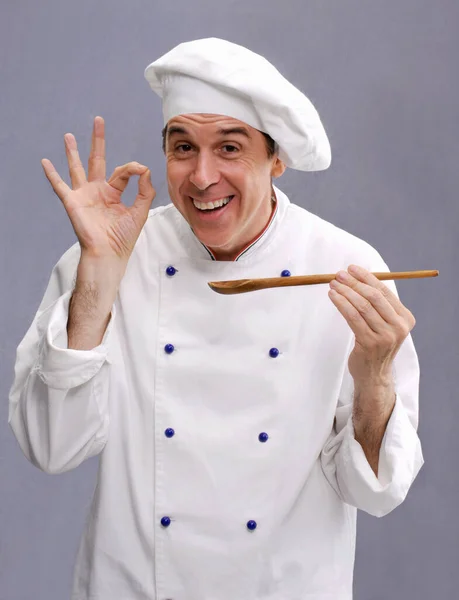 Sign Chef Portrait Holding Wood Spoon — Stock Photo, Image