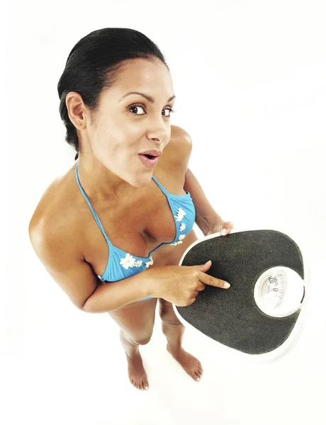 Happy Latin Woman Wearing Whimsuit Holding Weight Scale — 图库照片