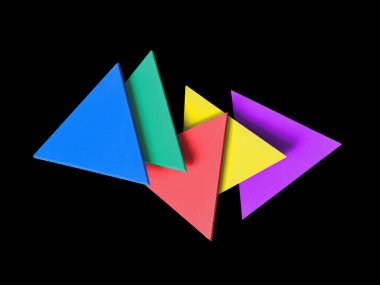 Physical colored shaped triangles figures on black background.