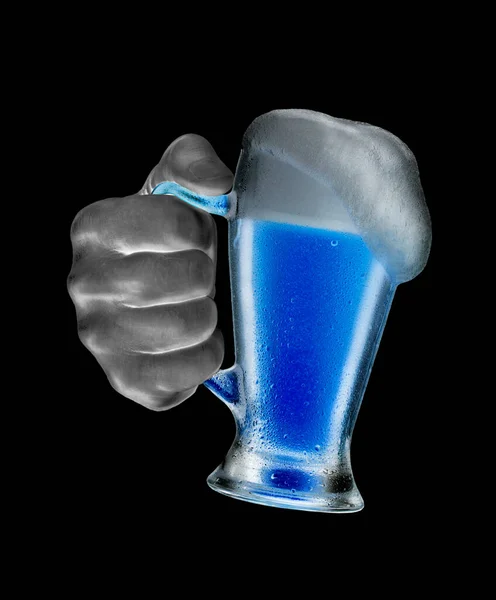 Hand Hold Blue Beer Jar Glass Black Background — Stockfoto
