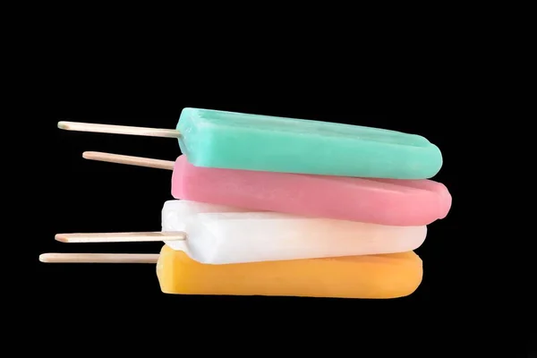 Colorful Fruits Popsicle Ice Cream Stack Black Background — 图库照片