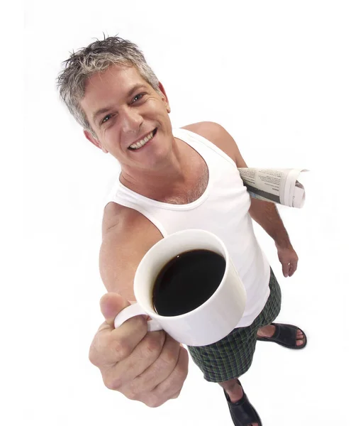 Wakeup Morning Man Holding Cup Coffee Newspaper White Background — Stock Photo, Image