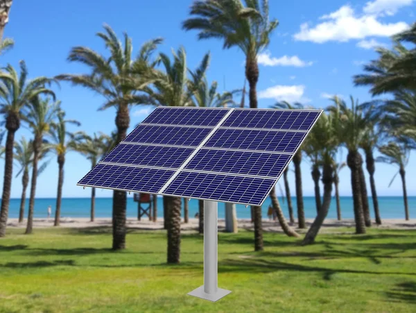 Célula Panel Solar Sobre Fondo Playa Soleado Caribeño — Foto de Stock