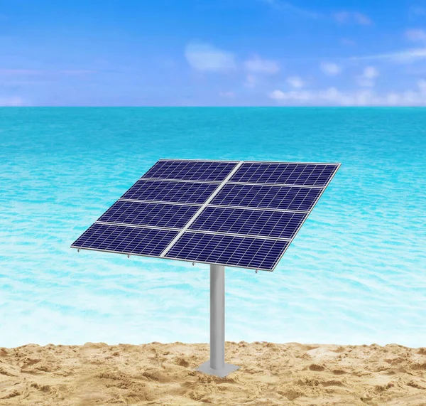 Célula Panel Solar Sobre Fondo Playa Soleado Caribeño — Foto de Stock