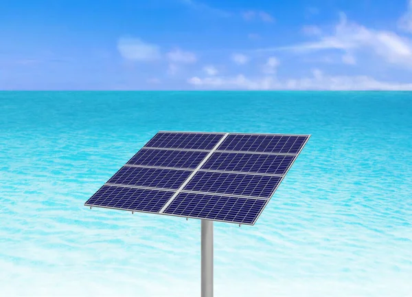Célula Panel Solar Sobre Fondo Playa Soleado Caribeño — Foto de Stock