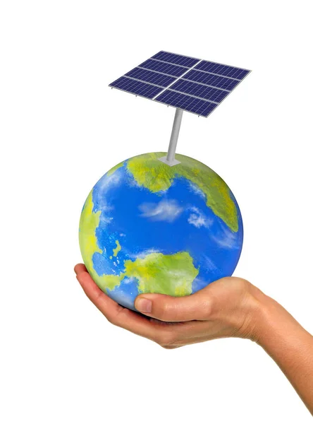 Χέρι Κρατώντας Ηλιακό Πάνελ Στον Πλανήτη Υδρόγειο — Φωτογραφία Αρχείου