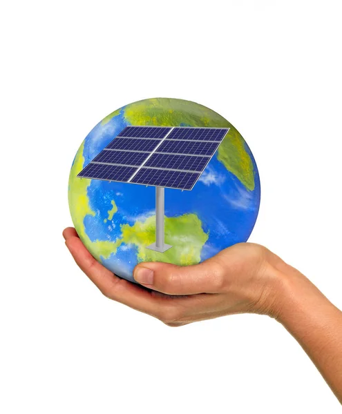 Mano Sosteniendo Panel Solar Planeta Tierra Globo — Foto de Stock