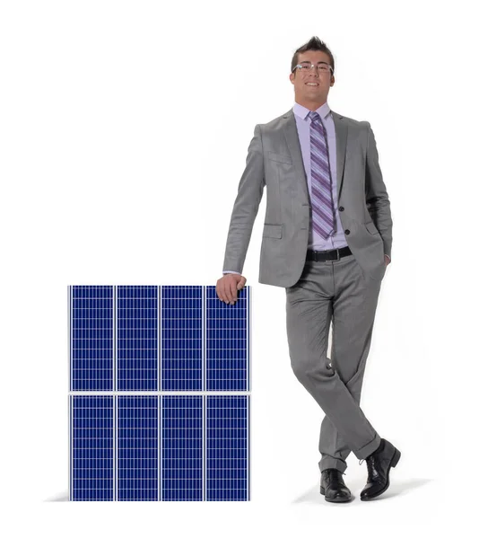 Empresario Sosteniendo Una Celda Panel Solar Sobre Fondo Blanco — Foto de Stock