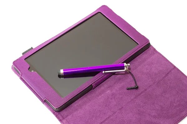 Tablet-pc met paarse stylus — Stockfoto