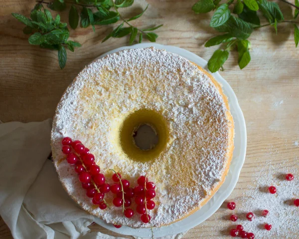 chiffon cake with powdered sugar, currant and mint