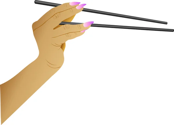 Mano femenina con palillos — Vector de stock