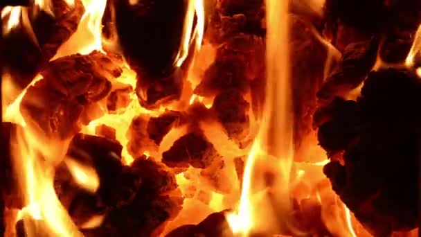 Verbranding van steenkool. Close up van rode hete kolen in het fornuis gloeide. volledige hd, 1080p. — Stockvideo