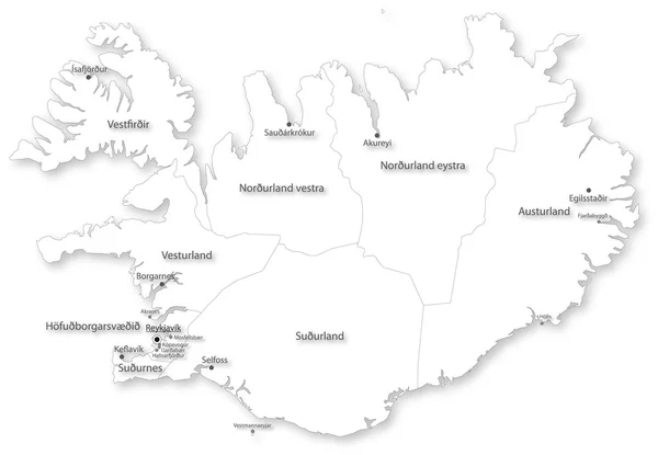 Mapa vetorial simples da Islândia com regiões e cidades — Vetor de Stock