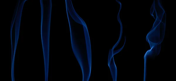 Reeks van vloeiende golven van blauwe rook op zwart. — Stockfoto