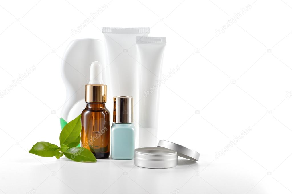 Daily care cosmetics on white background.