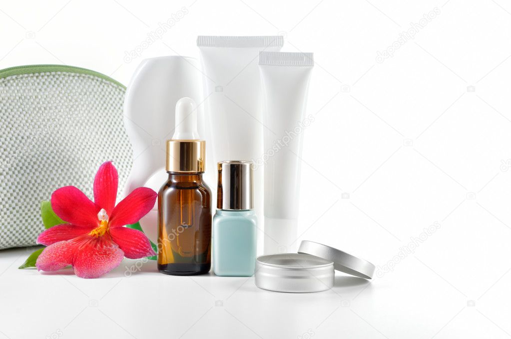 Daily care cosmetics on white background.