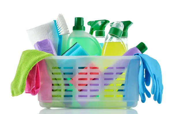 Cleaning products and supplies in a basket. — Stock Photo, Image