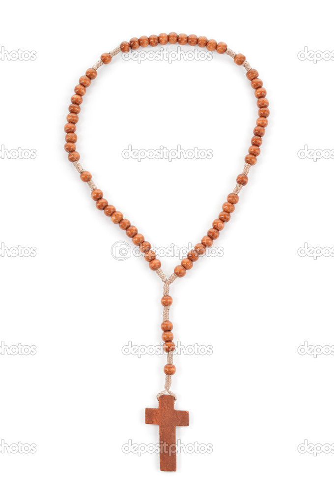 Wooden plain rosary on white background.
