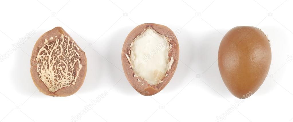 Argan nuts in a row on a white background.