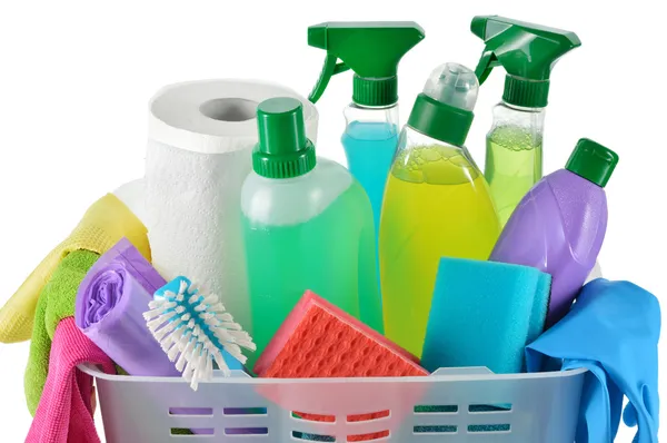 Cleaning products and supplies in a basket. — Stock Photo, Image