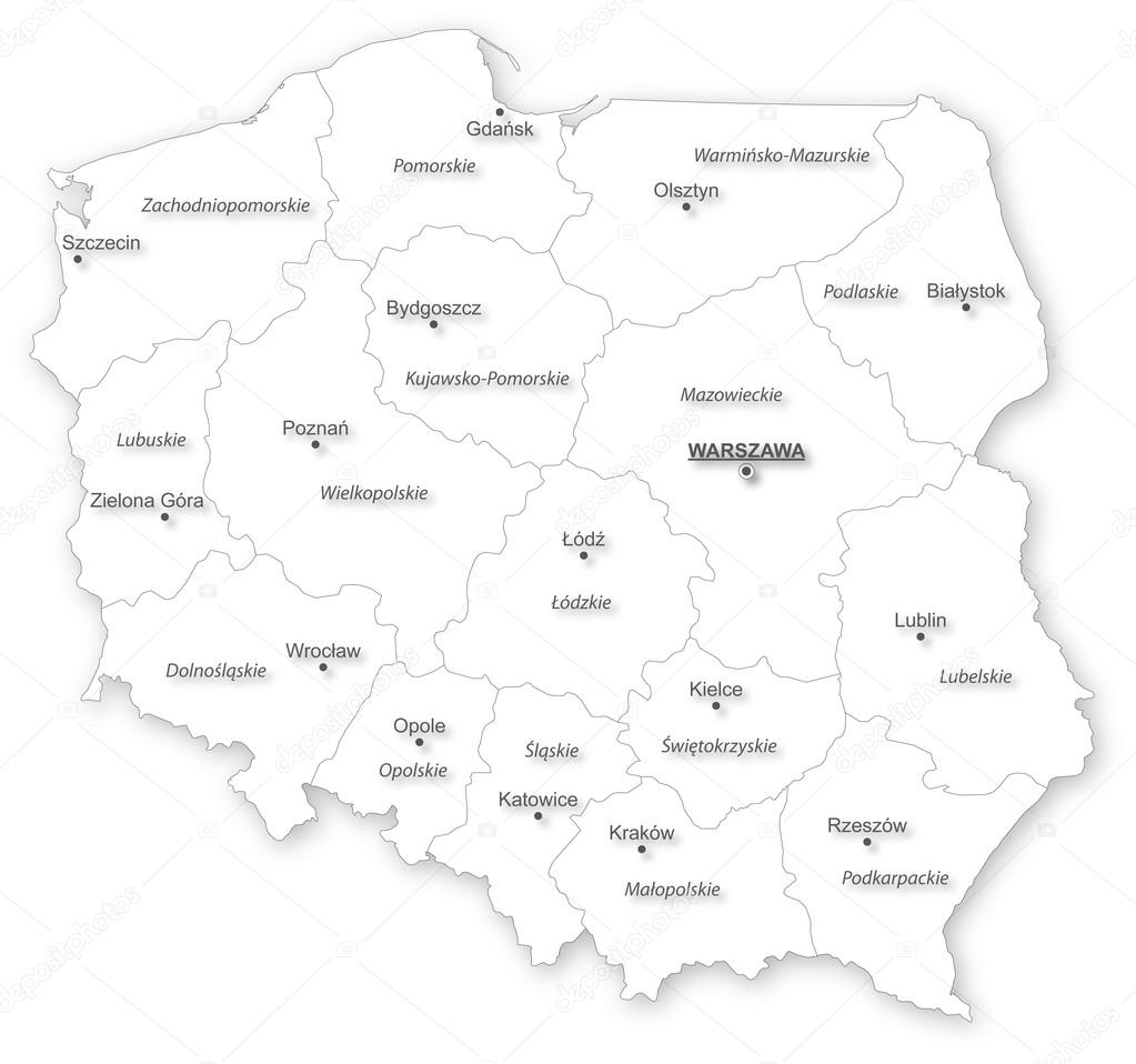 Mapa Konturowa Polski Z Podziałem Na Województwa Do Wydruku Wektor mapę Polski z województwa. Stock Vector by ©geo-grafika 43217913