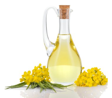 Rapeseed oil and flowers isolated over white. clipart