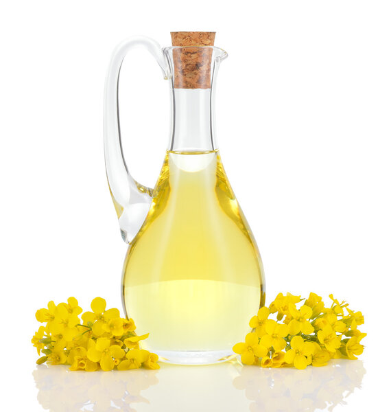 Rapeseed oil and flowers isolated over white.