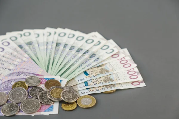 波兰钱波兰纸币和硬币波兰兹罗提 财务概念 各种资金的结帐 复制空间 — 图库照片