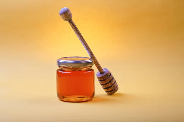 Honey Background Sweet Honey Comb Glass Jar Spoon Honey Table — Stock Photo, Image