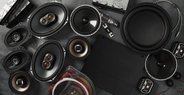 Araba Sesi Araba Hoparlörleri Subwoofer Aksesuarlar Üst Manzara Pankart — Stok fotoğraf