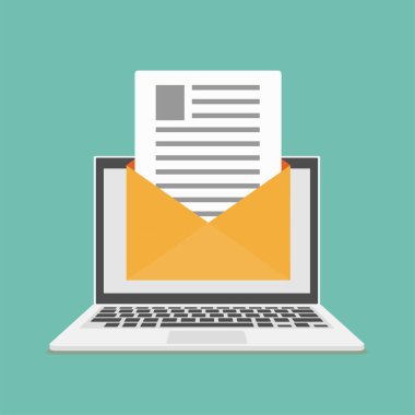 Laptop ve yeni e-posta zarfı. Bilgisayar ve belge ekranda. Düz biçim illüstrasyonu.