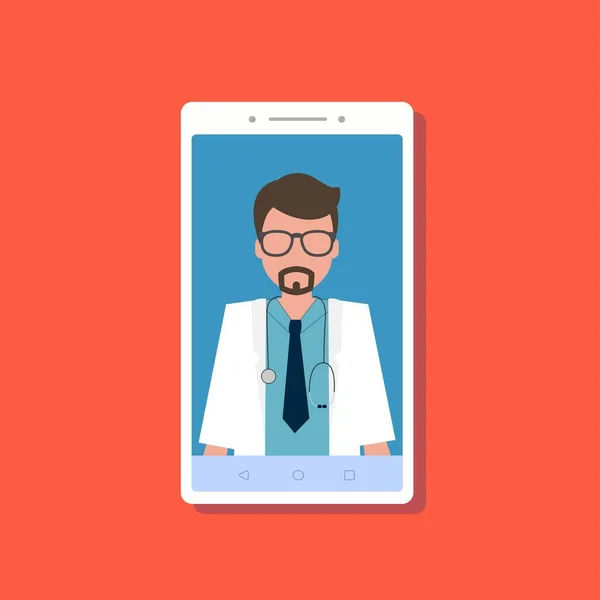 Online doctor consultation on the phone, red background. — Stock Photo, Image