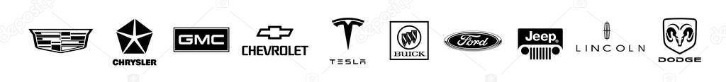 Kiev, UKRAINE. November 21, 2021: American car brand company logo. Tesla, dodge, ford, ram, lincoln, cadillac, jeep etc