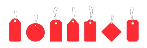 Czerwony papier tagi cenowe lub znaczniki upominkowe w różnych kształtach. Etykiety ze sznurkiem. — Zdjęcie stockowe