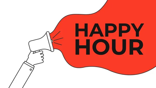 Mão masculina segurando um megafone com bolha Happy Hour. Banner para negócios — Fotografia de Stock