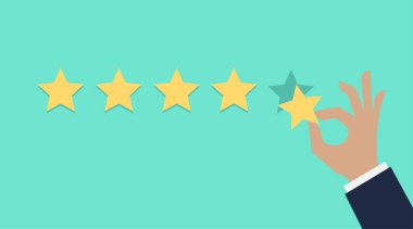 Yeşil arka planda beş altın yıldıza el basıyorum. Beş yıldız kalite derecelendirme simgesi.