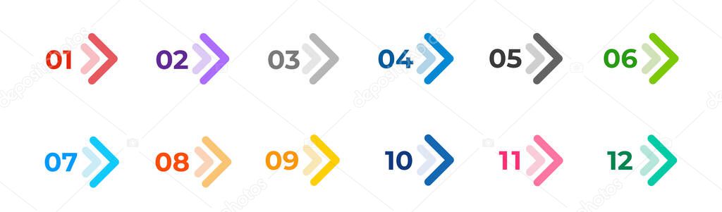 Bullet points. Colourful arrows set isolated on white. Direction number bullet points from one to twelve. Stock