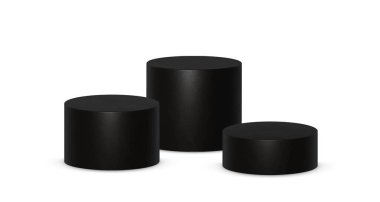 3d podyum platform silindirleri vektör çizimi. Ürün sunumu için gerçekçi siyah kaide aşamaları.
