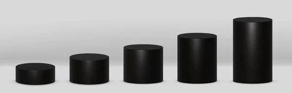Černé 3D válce přední pohled a úrovně s perspektivou izolované na šedém pozadí. — Stockový vektor