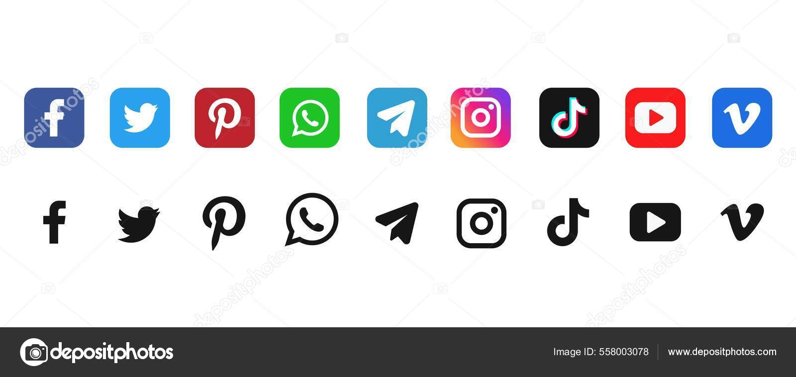 Logotipo de mídia social. Logotipo de mídia social definido. Redes sociais  populares. Vetor de ©Flamestar 558003078, image size:1600x758