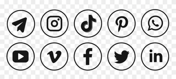 Runde Social-Media-Logotypensammlung: Facebook, TikTok, Instagram, Twitter, Youtube, Telegram, Linkedin, Snapchat, Vimeo. — Stockvektor