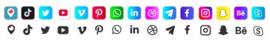 Popüler sosyal medya logoti koleksiyonu: Facebook, TikTok, instagram, twitter, youtube, pinterest, periscope, vimeo.