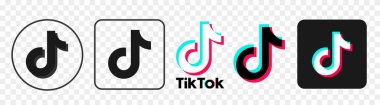 TikTok vektör simgeleri. Beyaz ve siyah arkaplanda izole edilmiş düz tabelalar. Sosyal medya logosu.