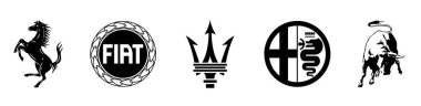 Kiev, Ukrayna, 14 Kasım 2020: İtalyan Araba Markaları Logo Koleksiyonu: Fiat, Maserati, Lamborghini, Ferrari, Alfa Romeo, vektör simgeleri