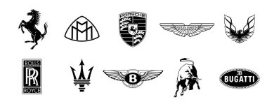 Vinnytsia, Ukrayna - 22 Kasım 2021: Premium sınıfı araba şirketlerinin siyah logosu. Ferrari, Maybach, Porsche, Bentley, Aston Martin, Maserati, Roys